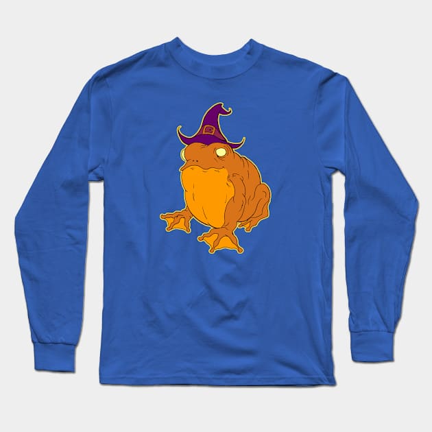 Spooky Cute Orange Halloween Frog with Witch Hat Long Sleeve T-Shirt by Awful Waffle Press